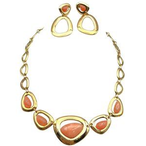 Modernist Goldtone Peach Glass Open-Link Toggle Necklace & Dangle Clip ER Set